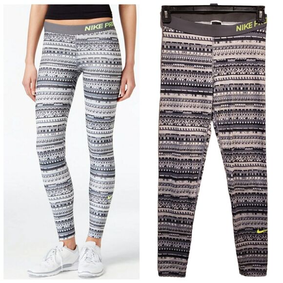Nike Pro Dri Fit Leggings Womens Size L Gray Pattern Chartreuse Logo - Picture 1 of 11